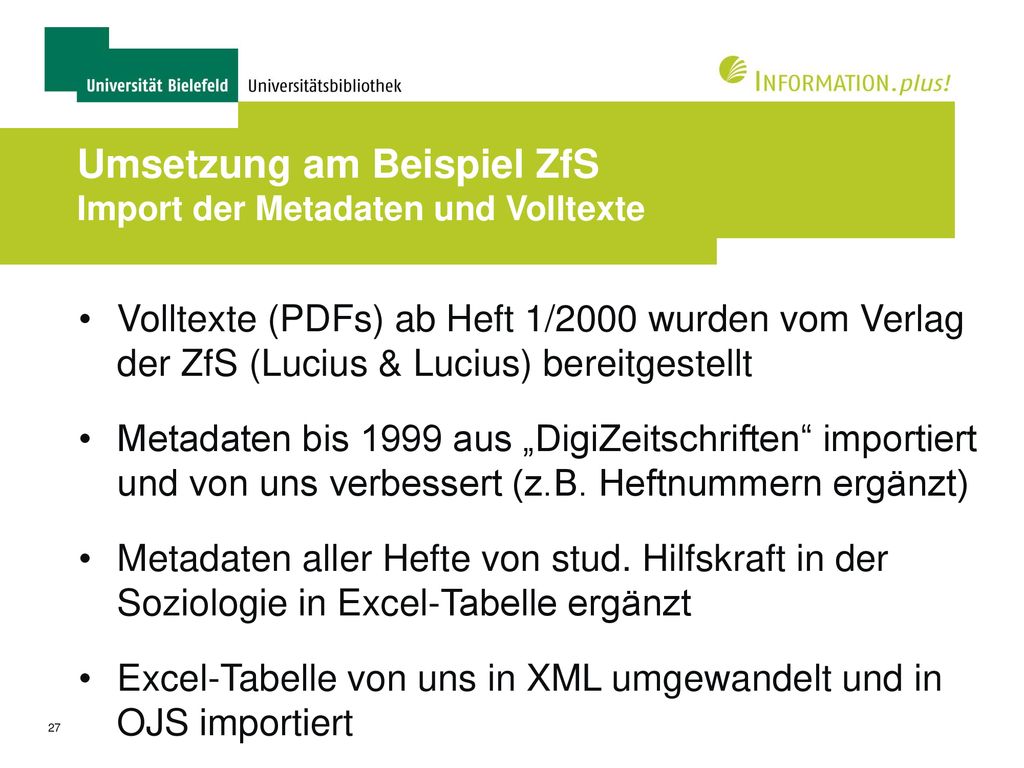 Umsetzung am Beispiel ZfS Import der Metadaten und Volltexte