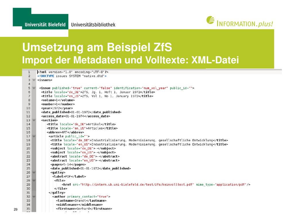 Umsetzung am Beispiel ZfS Import der Metadaten und Volltexte: XML-Datei