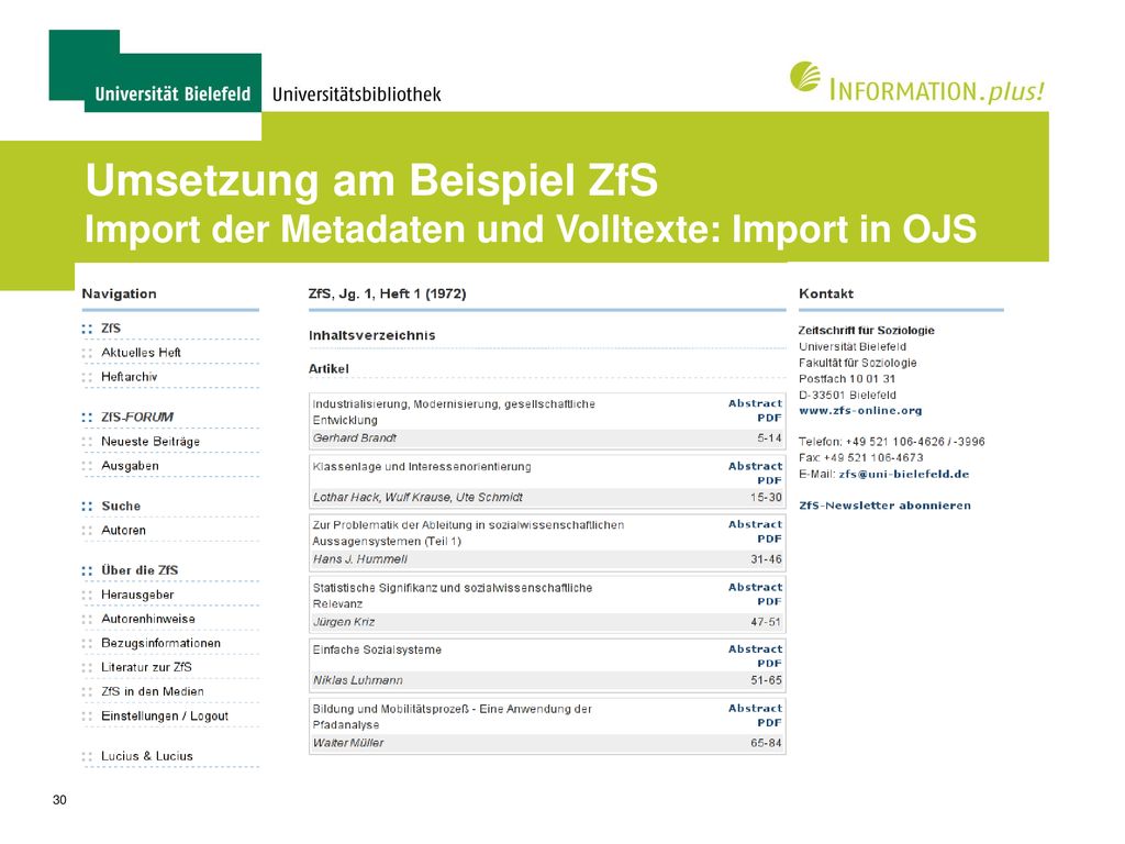 Umsetzung am Beispiel ZfS Import der Metadaten und Volltexte: Import in OJS