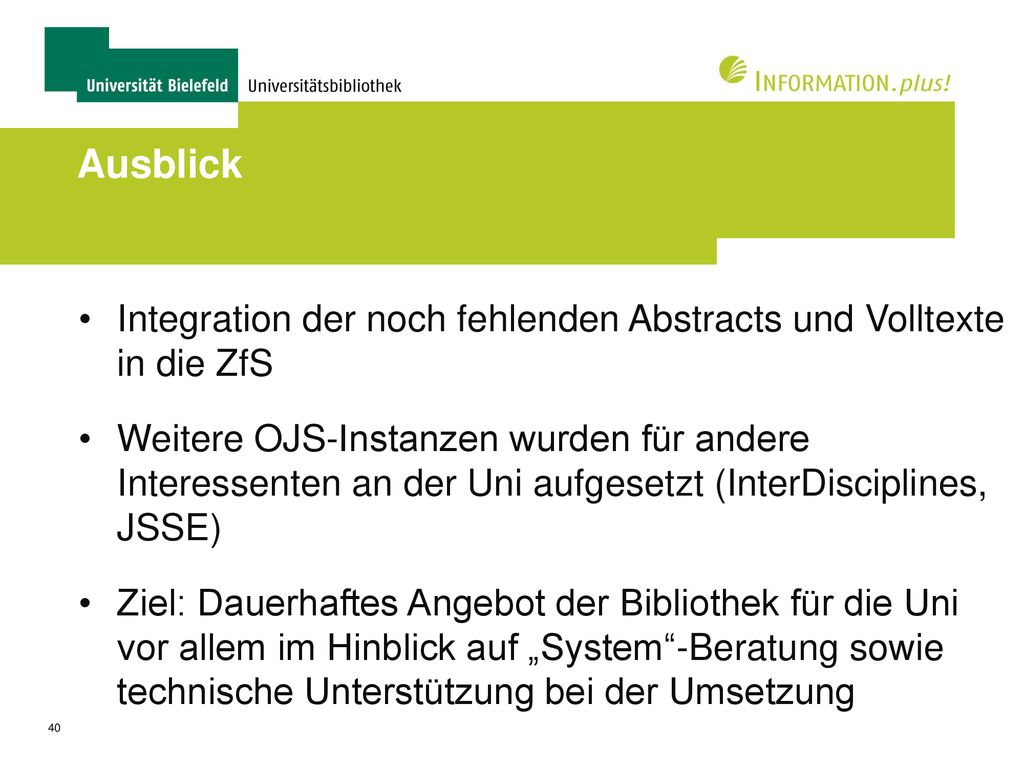 Ausblick Integration der noch fehlenden Abstracts und Volltexte in die ZfS.