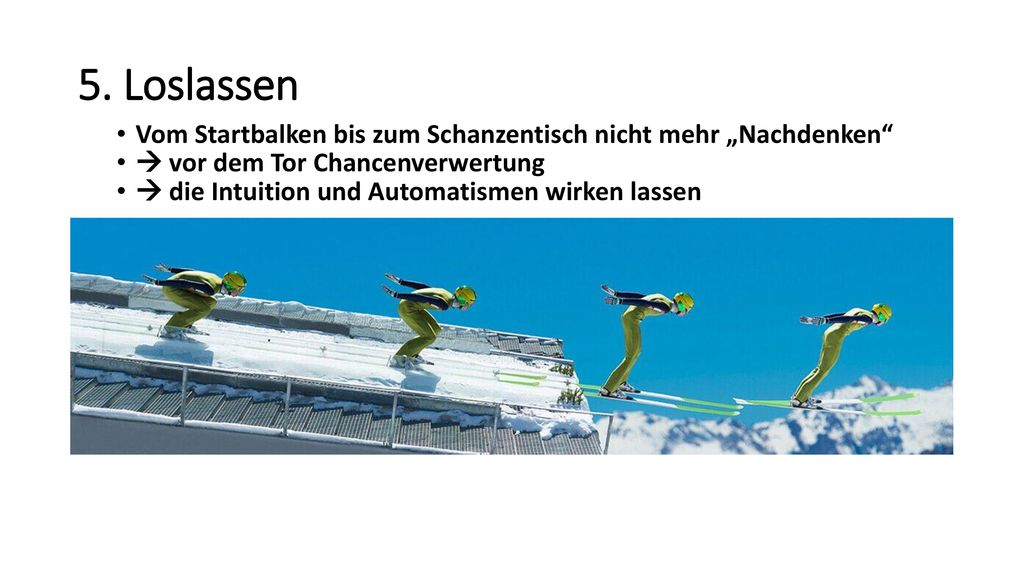 5. Loslassen Vom Startbalken bis zum Schanzentisch nicht mehr „Nachdenken  vor dem Tor Chancenverwertung.