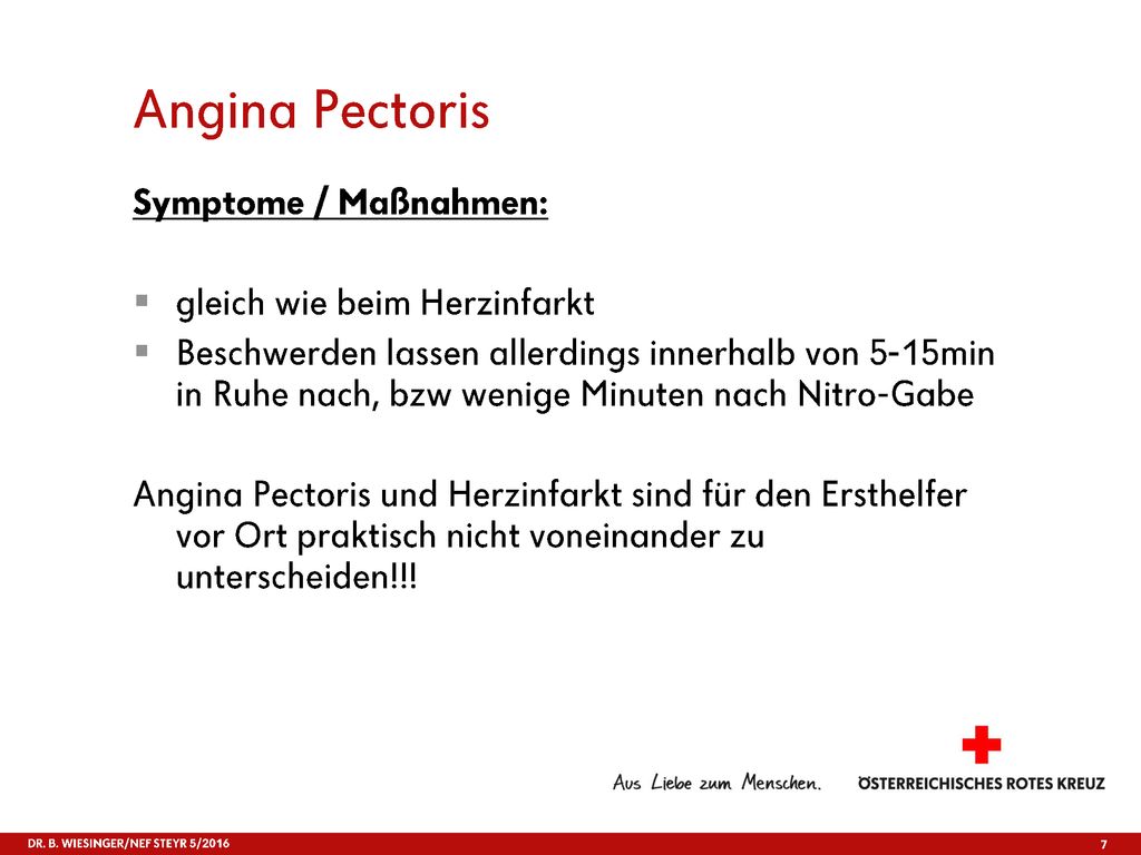 Angina Pectoris Symptome / Maßnahmen: gleich wie beim Herzinfarkt