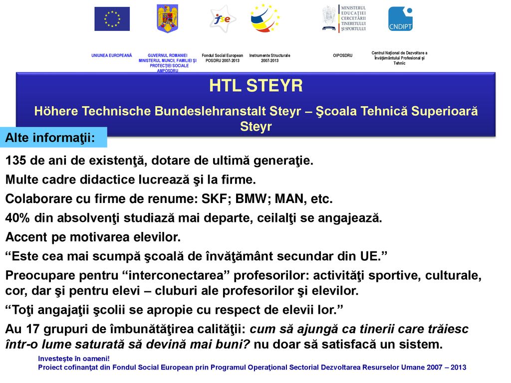 HTL STEYR Höhere Technische Bundeslehranstalt Steyr – Şcoala Tehnică Superioară Steyr. Alte informaţii: