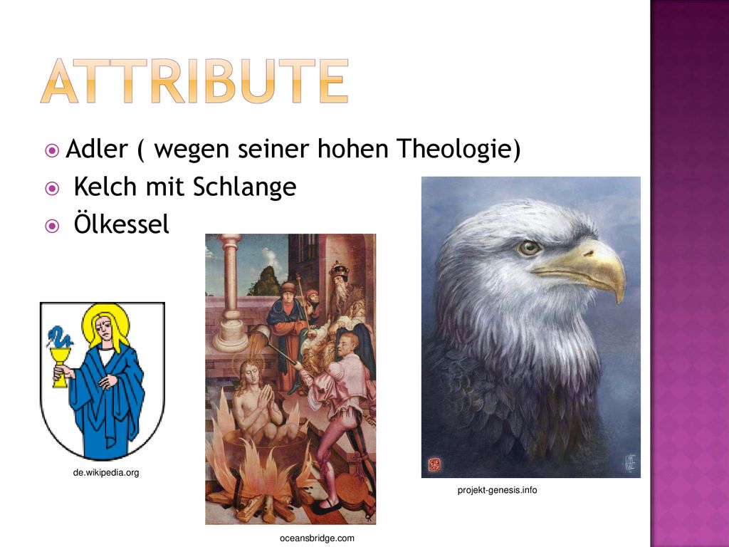 Attribute Adler ( wegen seiner hohen Theologie) Kelch mit Schlange