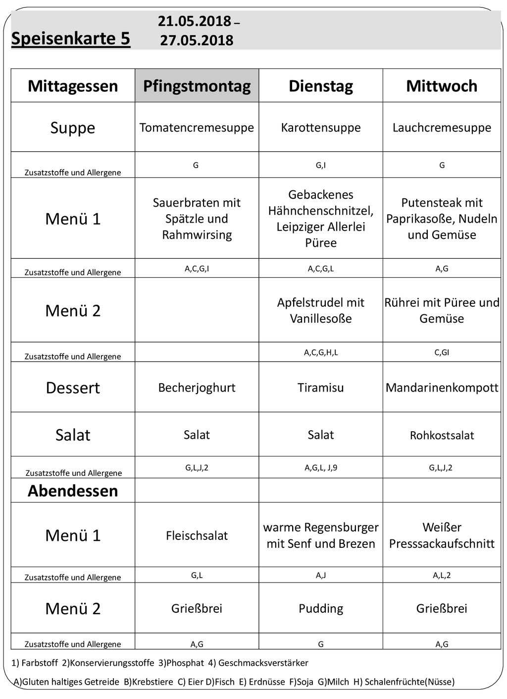 Speisenkarte 5 Mittagessen Pfingstmontag Dienstag Mittwoch Suppe