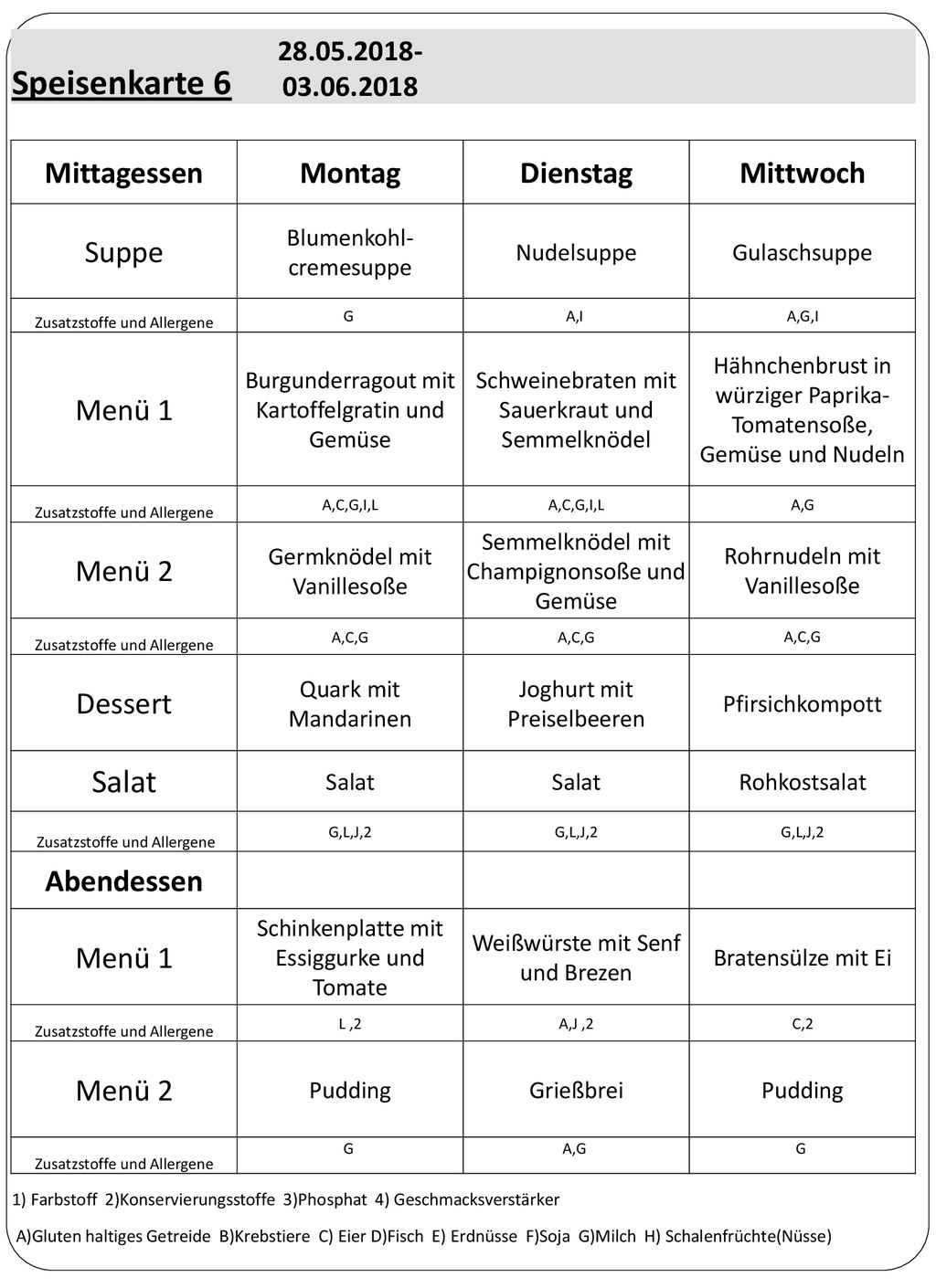 Speisenkarte 6 Salat Mittagessen Montag Dienstag Mittwoch Suppe Menü 1