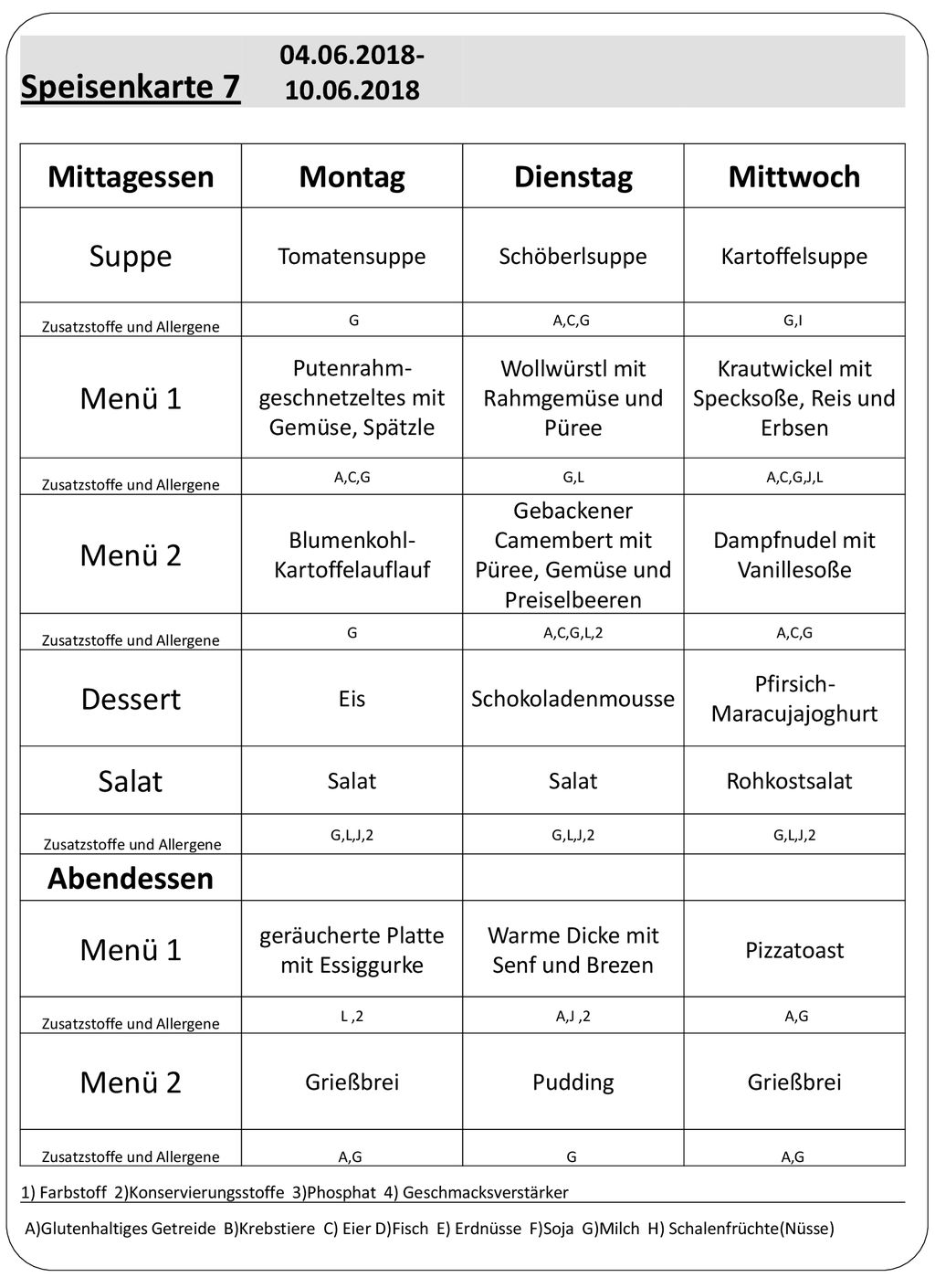 Speisenkarte 7 Mittagessen Montag Dienstag Mittwoch Suppe Menü 1