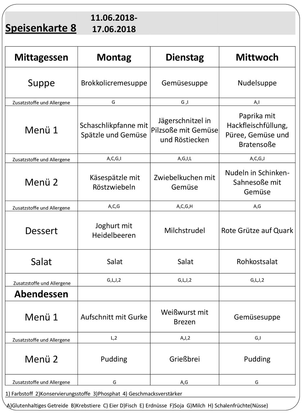 Speisenkarte 8 Mittagessen Montag Dienstag Mittwoch Suppe Menü 1