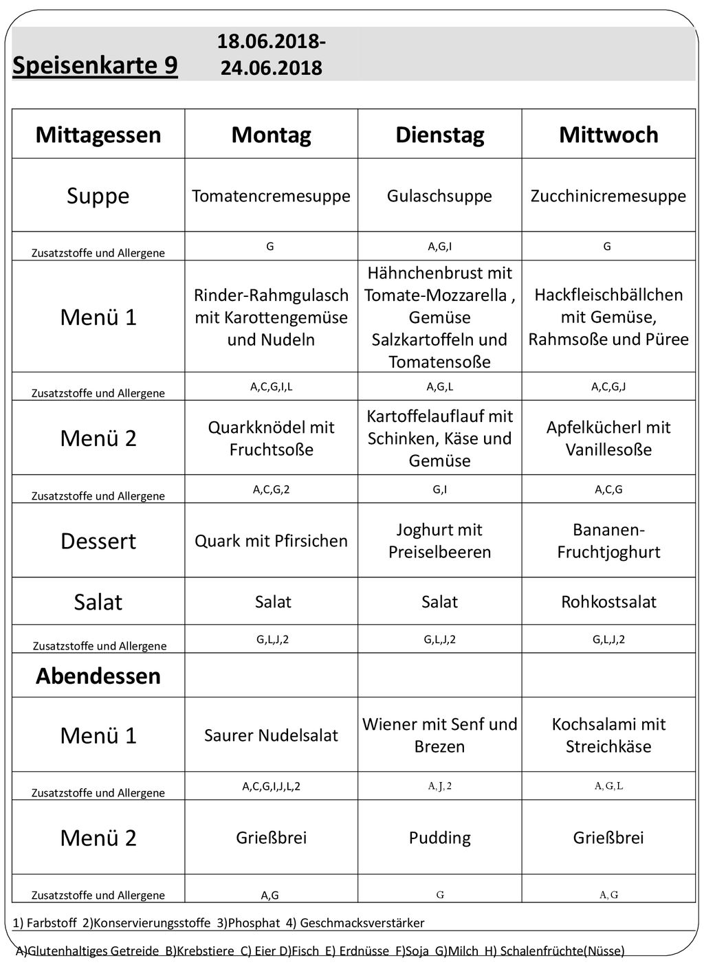 Speisenkarte 9 Mittagessen Montag Dienstag Mittwoch Suppe Menü 1
