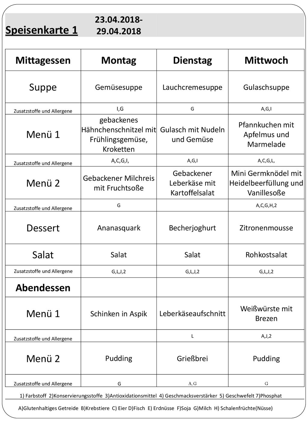 Speisenkarte 1 Mittagessen Montag Dienstag Mittwoch Suppe Menü 1