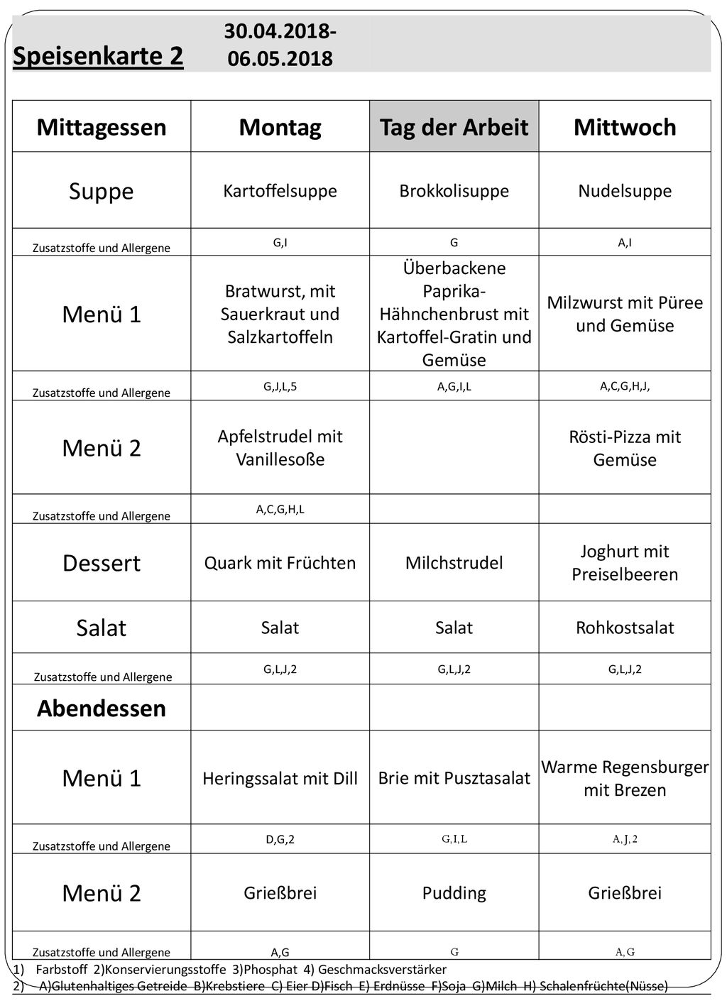 Speisenkarte 2 Mittagessen Montag Tag der Arbeit Mittwoch Suppe Menü 1