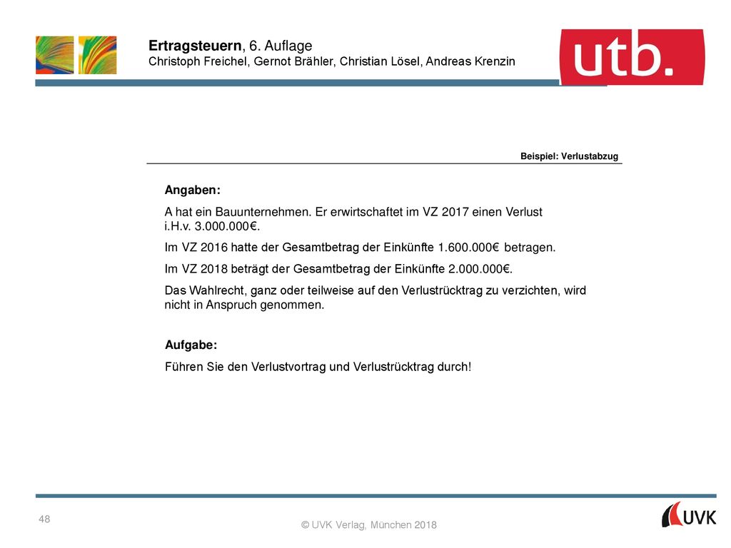 A hat ein Bauunternehmen. Er erwirtschaftet im VZ 2017 einen Verlust