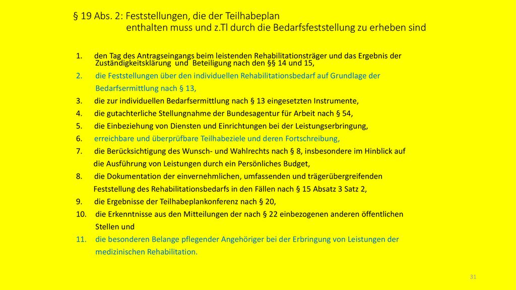§ 19 Abs. 2: Feststellungen, die der Teilhabeplan enthalten muss und z