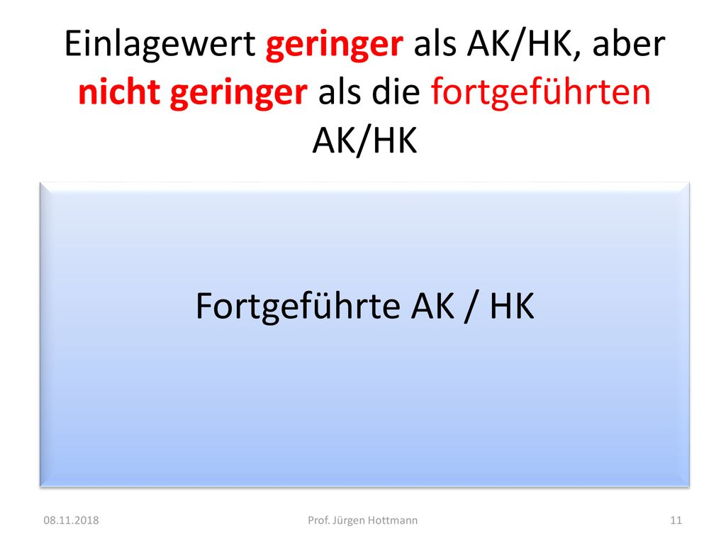 Einlagewert geringer als AK/HK, aber nicht geringer als die fortgeführten AK/HK