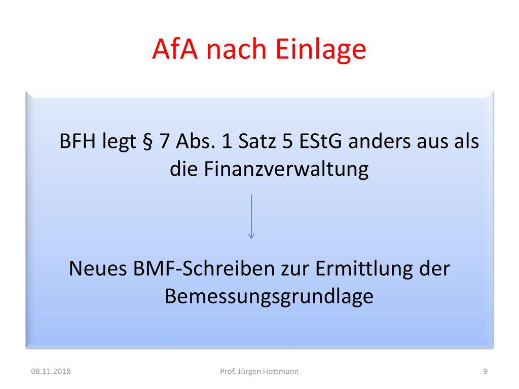 AfA nach Einlage BFH legt § 7 Abs. 1 Satz 5 EStG anders aus als die Finanzverwaltung Neues BMF-Schreiben zur Ermittlung der Bemessungsgrundlage