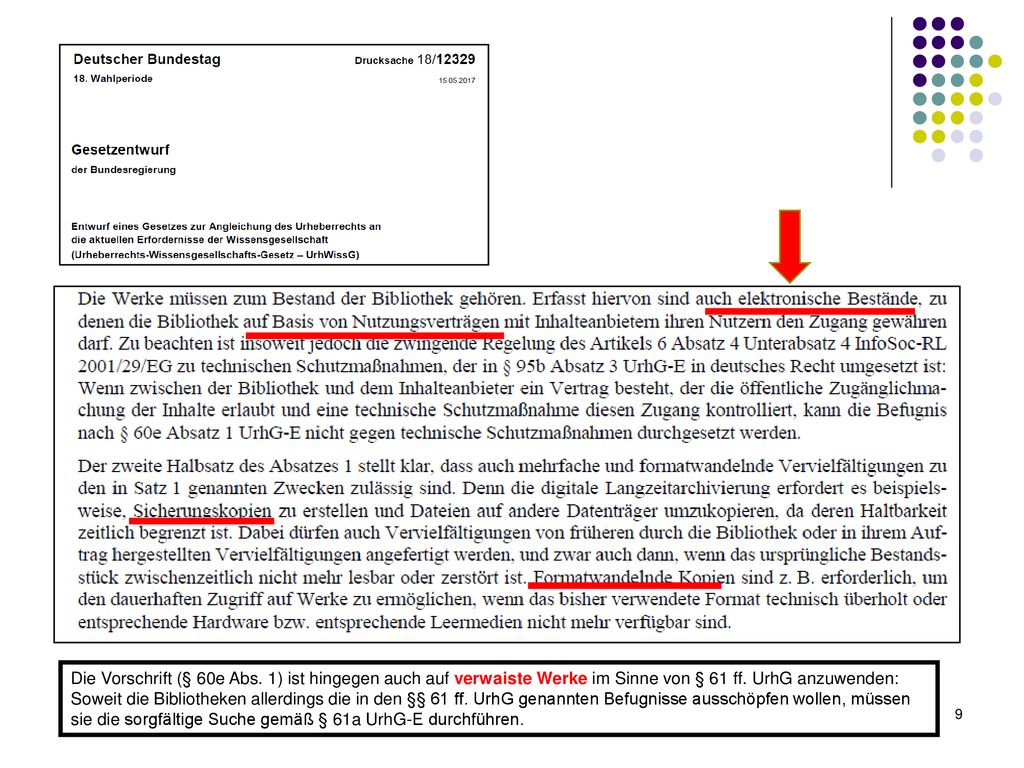Die Vorschrift (§ 60e Abs. 1) ist hingegen auch auf verwaiste Werke im Sinne von § 61 ff.