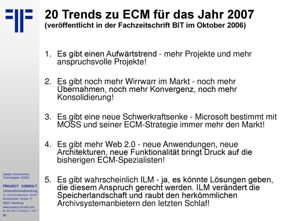 20 Trends zu ECM für das Jahr 2007 (veröffentlicht in der Fachzeitschrift BIT im Oktober 2006)