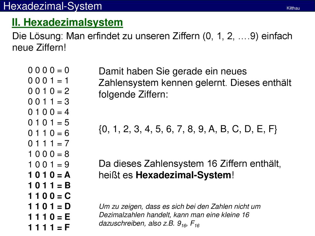 Informatik II. Hexadezimalsystem. Die Lösung: Man erfindet zu unseren Ziffern (0, 1, 2, ….9) einfach neue Ziffern!