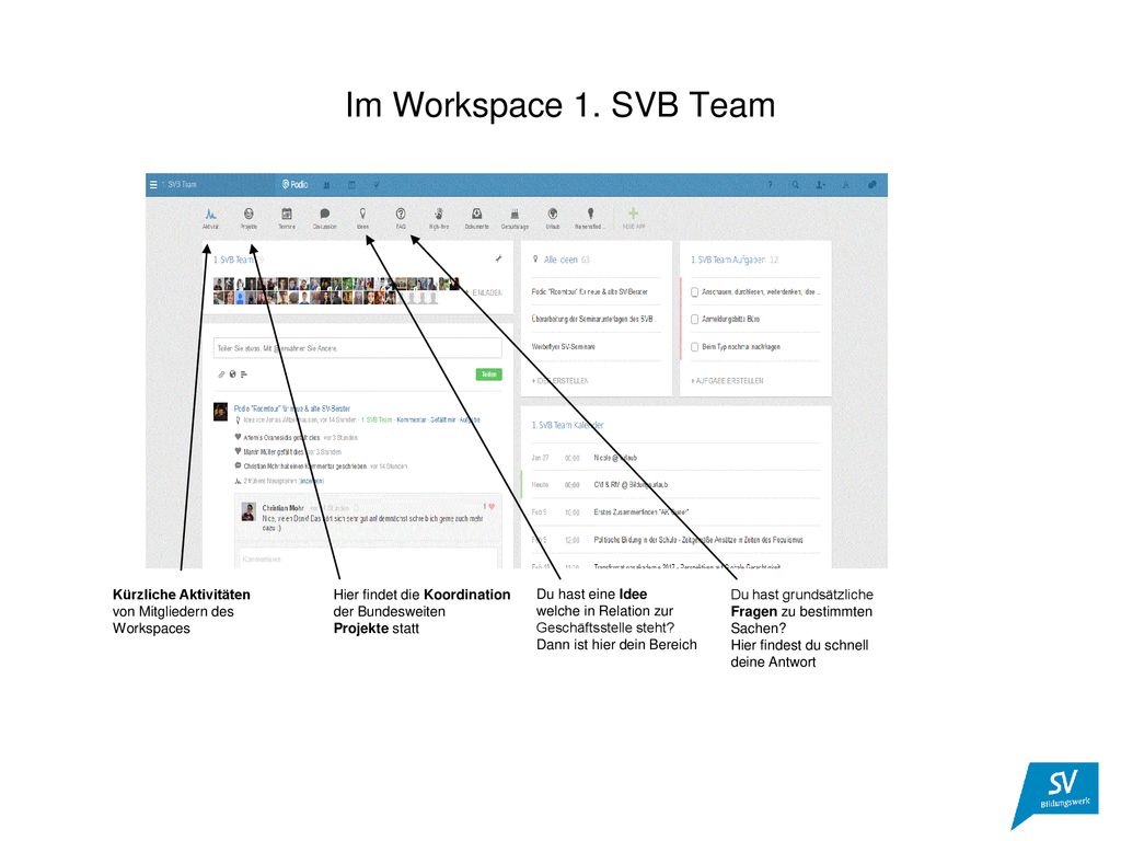 Im Workspace 1. SVB Team Kürzliche Aktivitäten von Mitgliedern des Workspaces. Hier findet die Koordination der Bundesweiten Projekte statt.