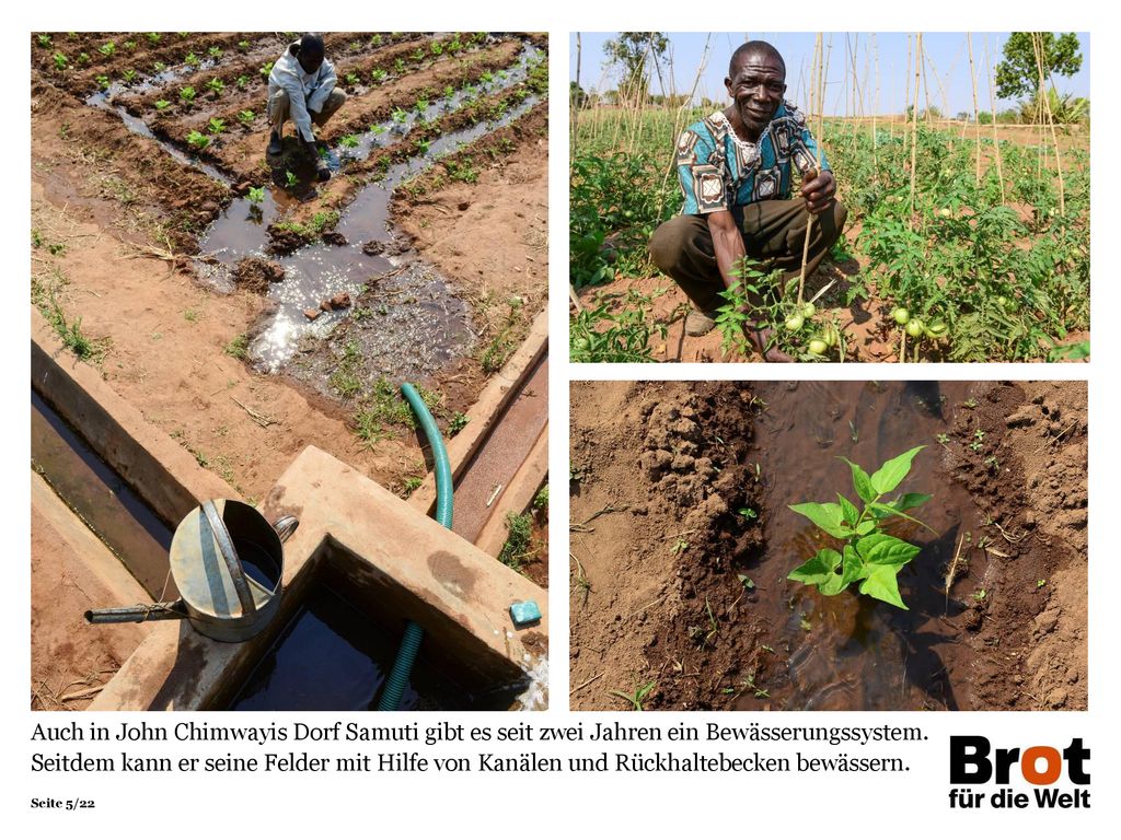 Auch in John Chimwayis Dorf Samuti gibt es seit zwei Jahren ein Bewässerungssystem. Seitdem kann er seine Felder mit Hilfe von Kanälen und Rückhaltebecken bewässern.