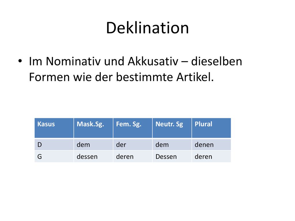 Deklination Im Nominativ und Akkusativ – dieselben Formen wie der bestimmte Artikel. Kasus. Mask.Sg.