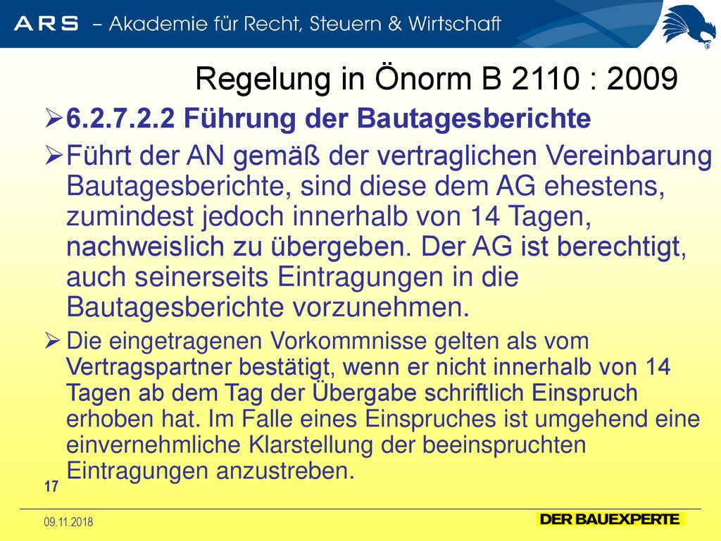 Regelung in Önorm B 2110 : Führung der Bautagesberichte