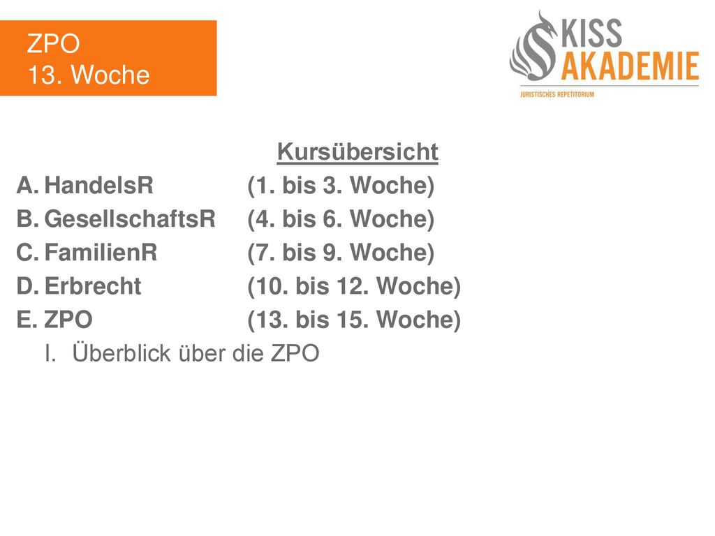 ZPO 13. Woche Kursübersicht A. HandelsR (1. bis 3. Woche)