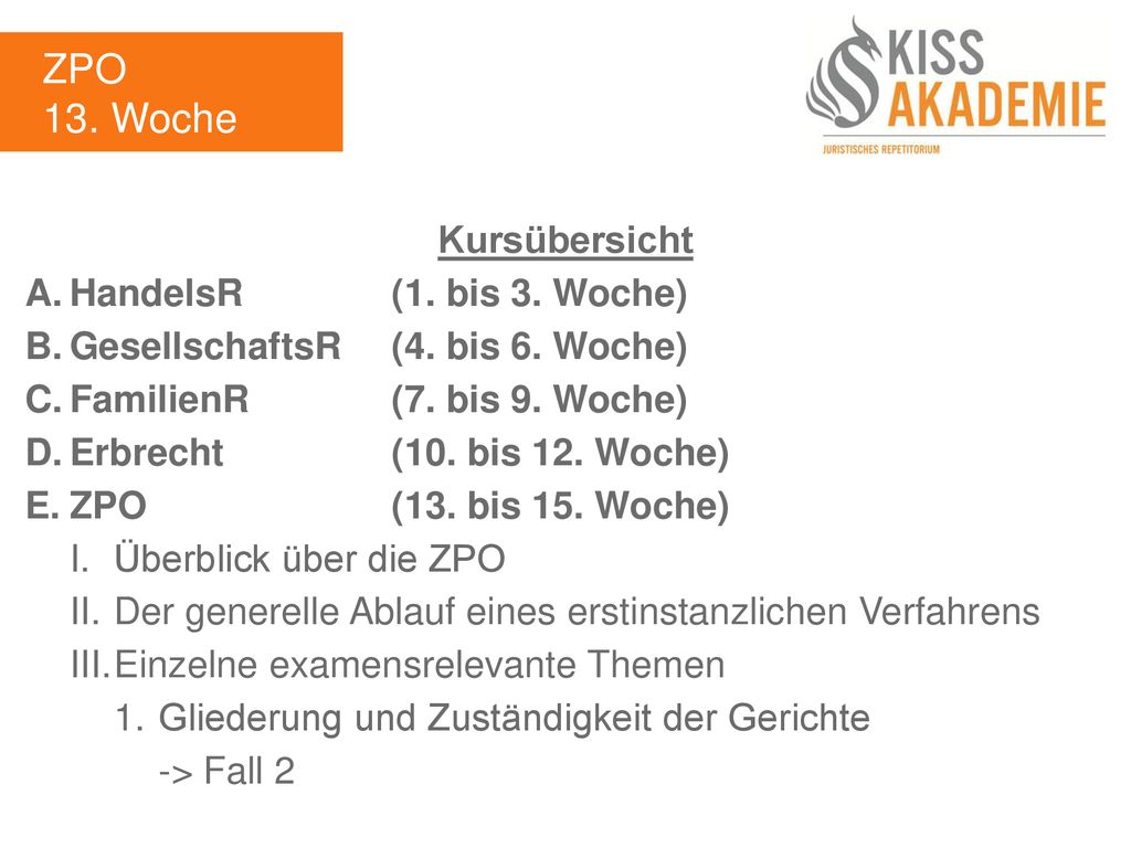 ZPO 13. Woche Kursübersicht A. HandelsR (1. bis 3. Woche)