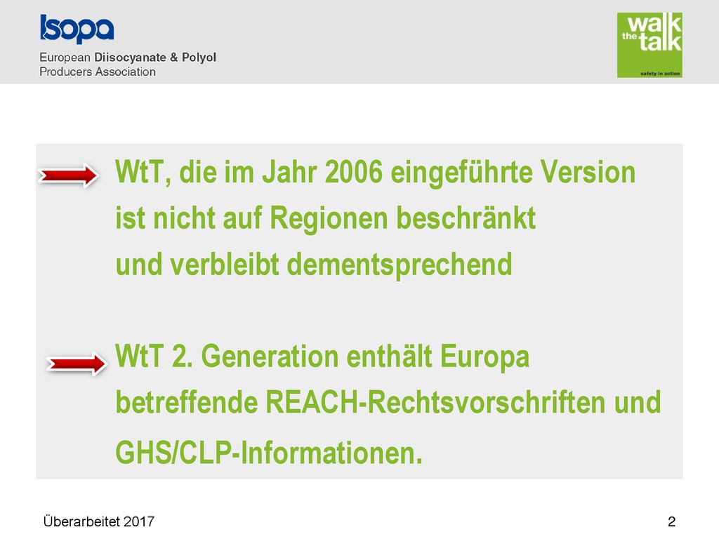 WtT, die im Jahr 2006 eingeführte Version ist nicht auf Regionen beschränkt und verbleibt dementsprechend WtT 2. Generation enthält Europa betreffende REACH-Rechtsvorschriften und GHS/CLP-Informationen.