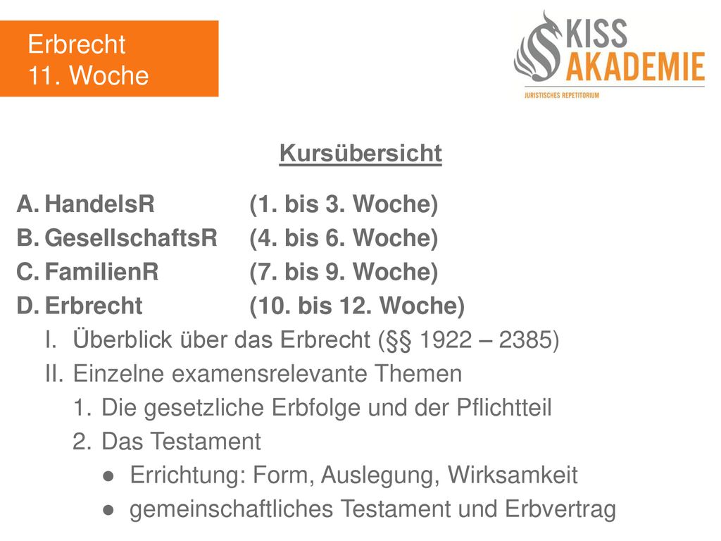 Erbrecht 11. Woche Kursübersicht A. HandelsR (1. bis 3. Woche)