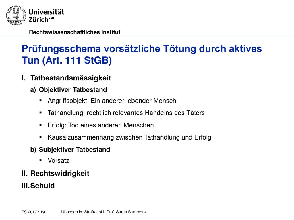 Prüfungsschema vorsätzliche Tötung durch aktives Tun (Art. 111 StGB)