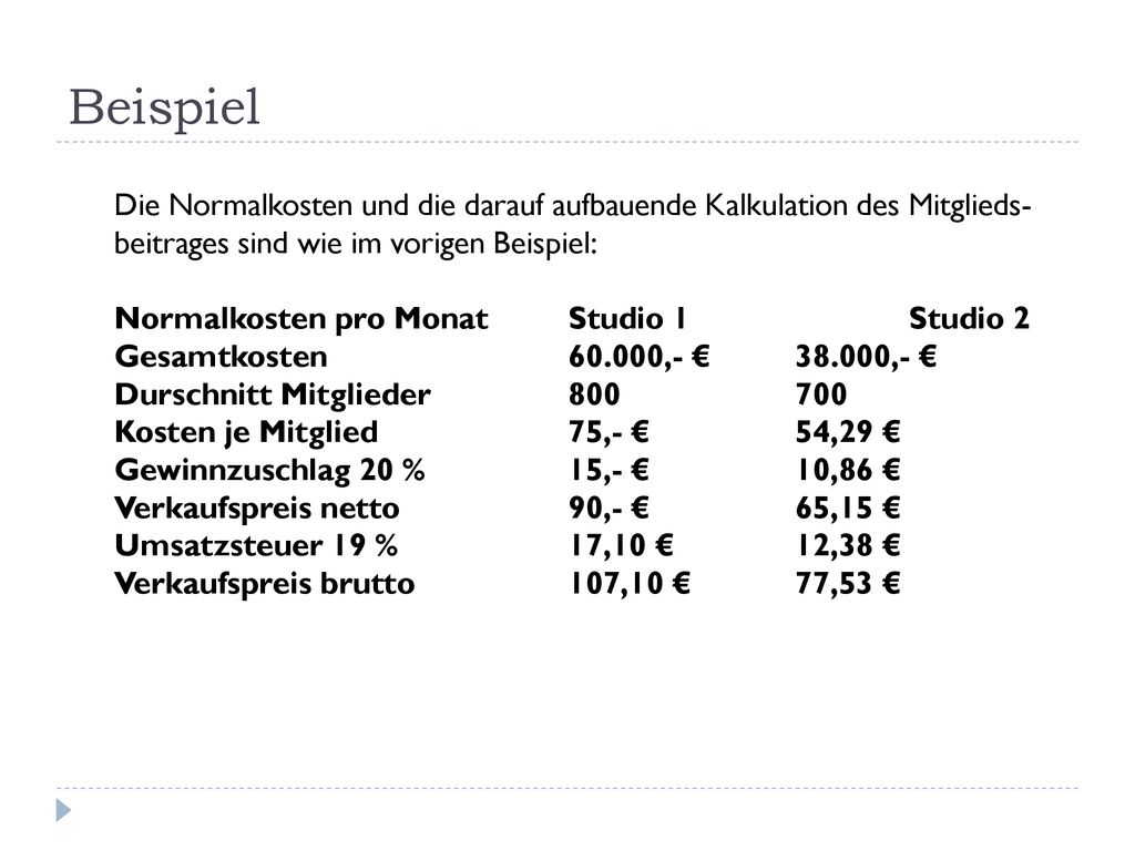 Beispiel Die Normalkosten und die darauf aufbauende Kalkulation des Mitglieds-beitrages sind wie im vorigen Beispiel: