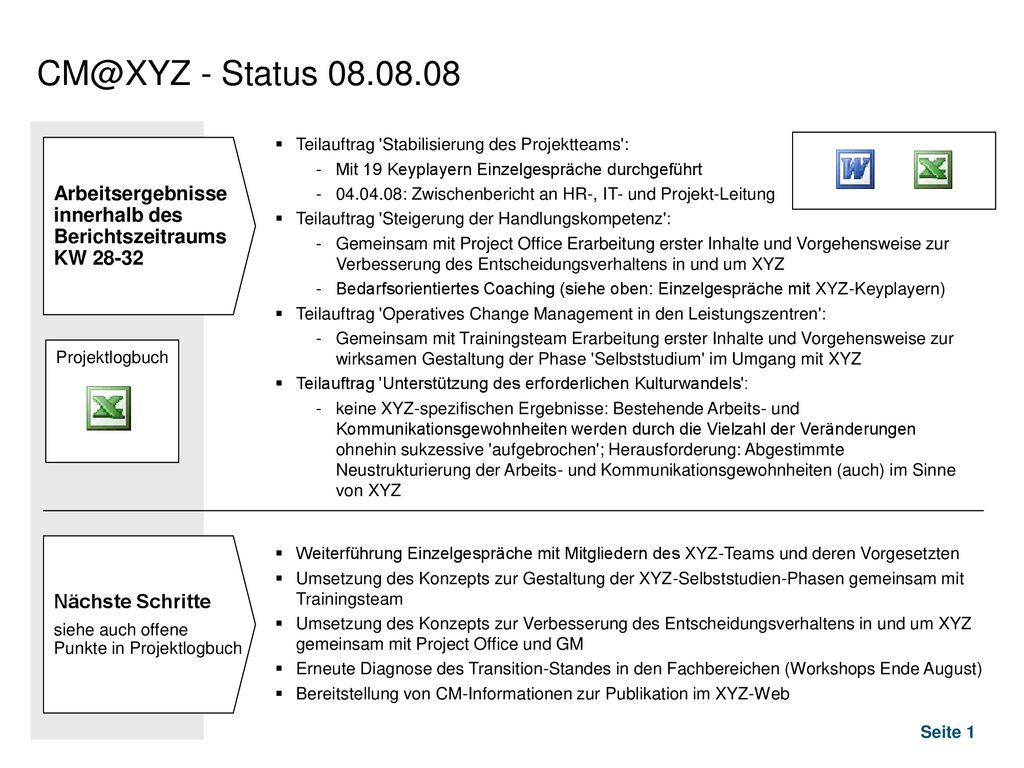 - Status Teilauftrag Stabilisierung des Projektteams : Mit 19 Keyplayern Einzelgespräche durchgeführt.
