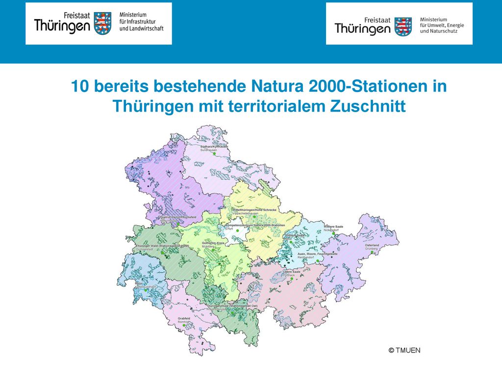 10 bereits bestehende Natura 2000-Stationen in Thüringen mit territorialem Zuschnitt