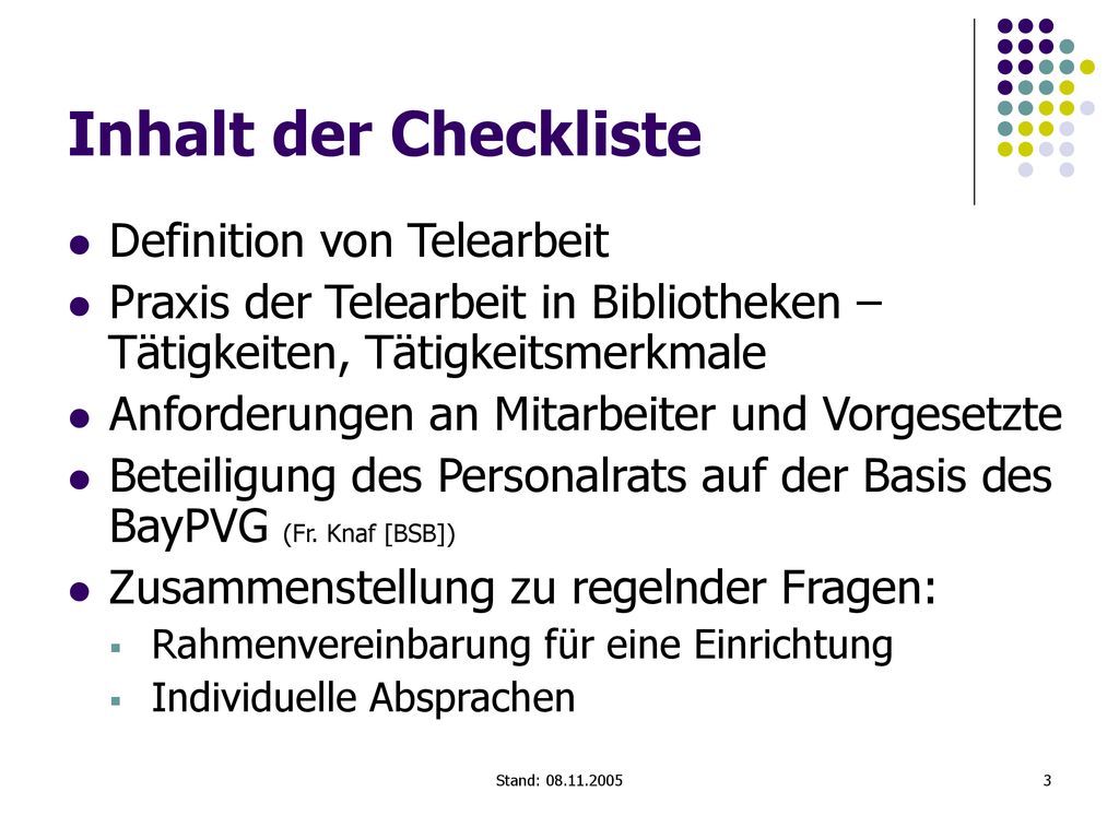 Inhalt der Checkliste Definition von Telearbeit