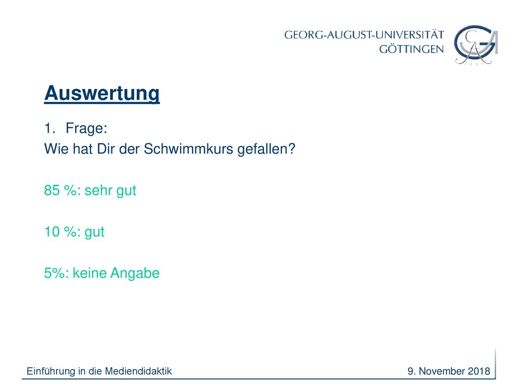 Auswertung Frage: Wie hat Dir der Schwimmkurs gefallen 85 %: sehr gut