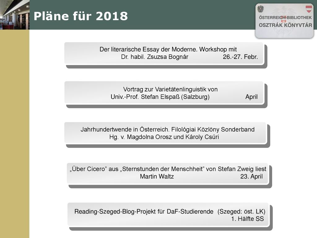Pläne für 2018 Der literarische Essay der Moderne. Workshop mit Dr. habil. Zsuzsa Bognár Febr.