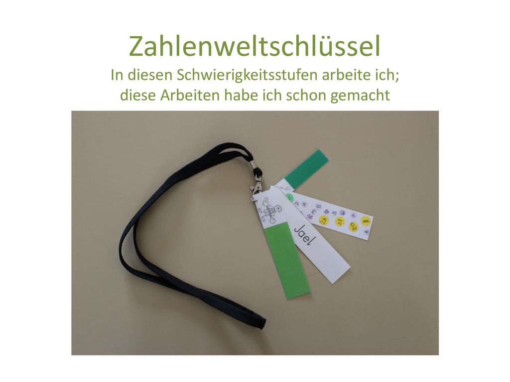 Zahlenweltschlüssel In diesen Schwierigkeitsstufen arbeite ich; diese Arbeiten habe ich schon gemacht