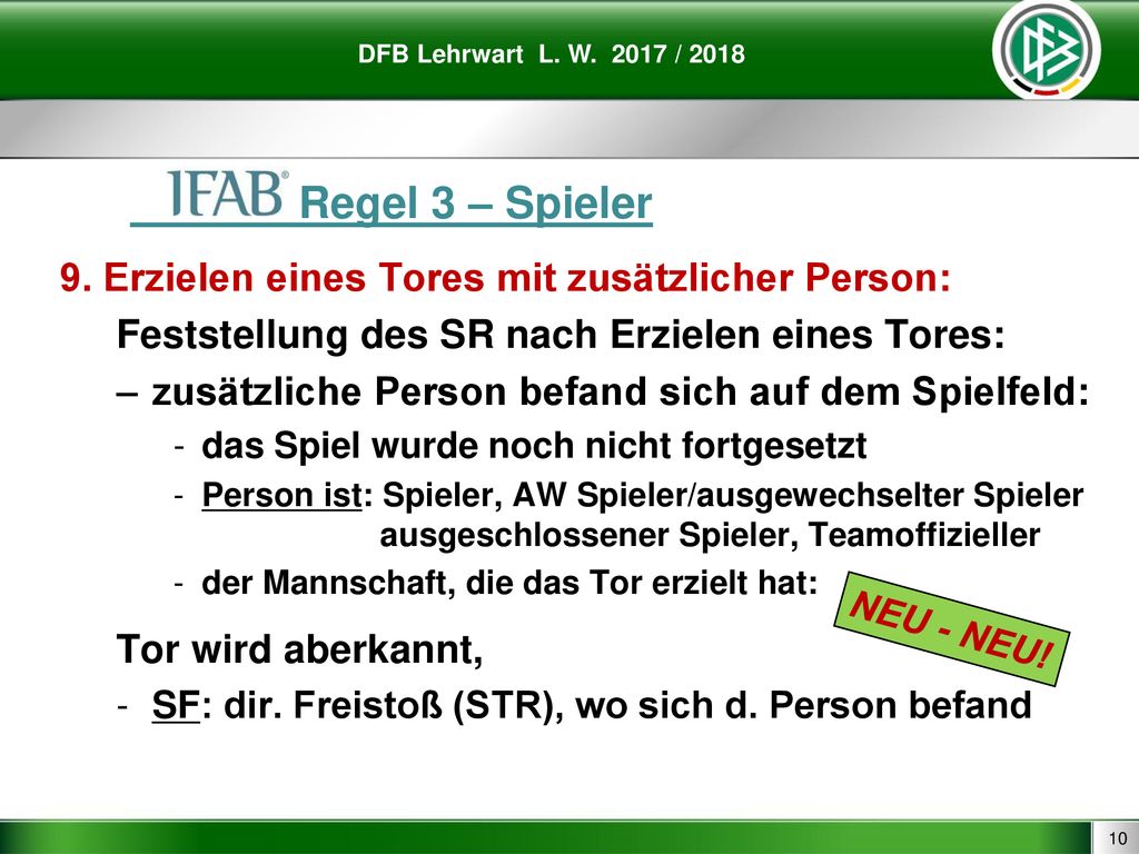 - Regel 3 – Spieler 9. Erzielen eines Tores mit zusätzlicher Person: