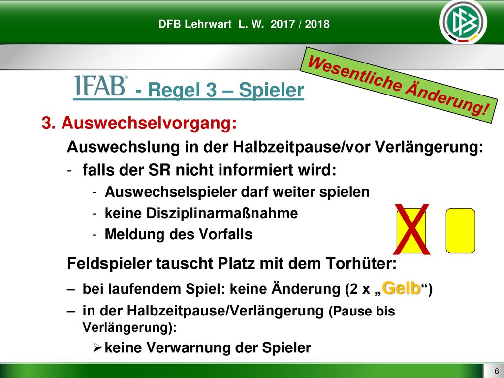 X - Regel 3 – Spieler 3. Auswechselvorgang: Wesentliche Änderung!