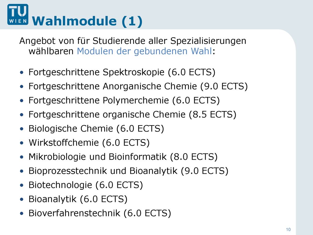 Wahlmodule (1) Angebot von für Studierende aller Spezialisierungen wählbaren Modulen der gebundenen Wahl: