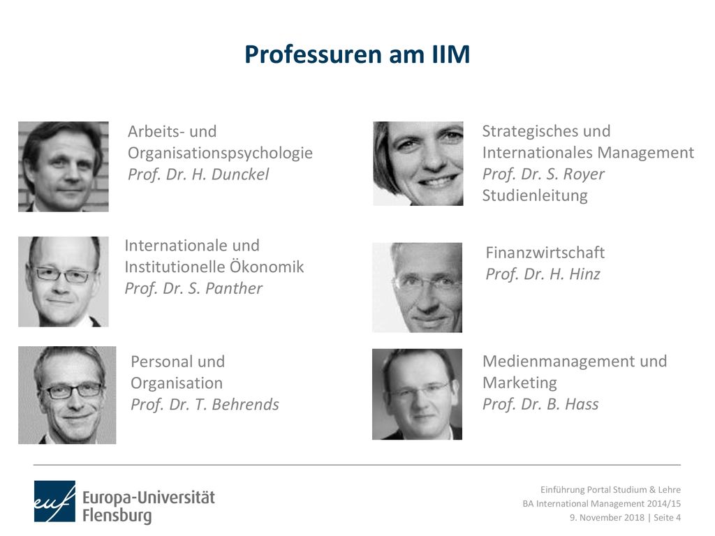 Professuren am IIM Arbeits- und Organisationspsychologie Prof. Dr. H. Dunckel. Strategisches und Internationales Management Prof. Dr. S. Royer.