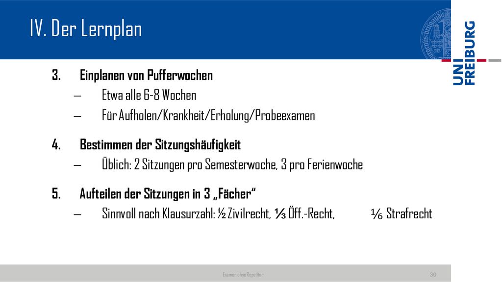 IV. Der Lernplan Einplanen von Pufferwochen Etwa alle 6-8 Wochen