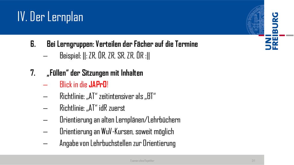 IV. Der Lernplan Bei Lerngruppen: Verteilen der Fächer auf die Termine
