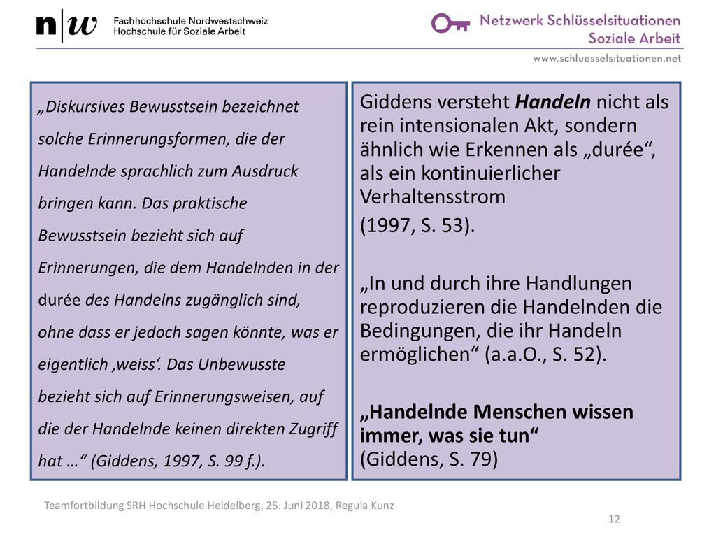 „Diskursives Bewusstsein bezeichnet solche Erinnerungsformen, die der Handelnde sprachlich zum Ausdruck bringen kann. Das praktische Bewusstsein bezieht sich auf Erinnerungen, die dem Handelnden in der durée des Handelns zugänglich sind, ohne dass er jedoch sagen könnte, was er eigentlich ‚weiss‘. Das Unbewusste bezieht sich auf Erinnerungsweisen, auf die der Handelnde keinen direkten Zugriff hat … (Giddens, 1997, S. 99 f.).