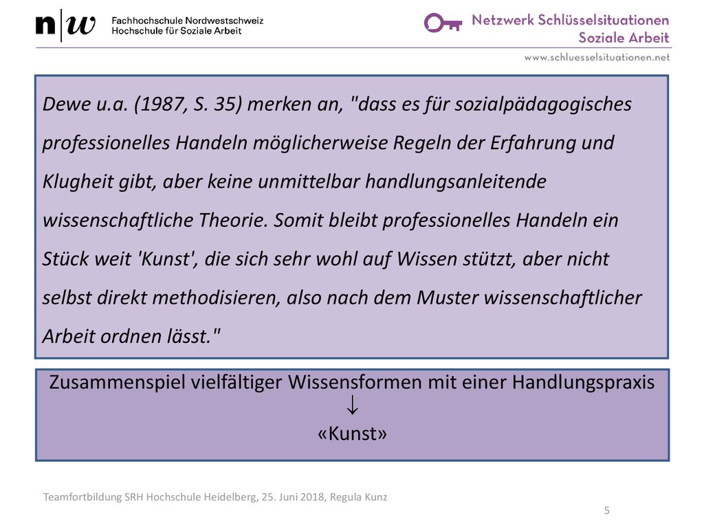 Dewe u.a. (1987, S. 35) merken an, dass es für sozialpädagogisches professionelles Handeln möglicherweise Regeln der Erfahrung und Klugheit gibt, aber keine unmittelbar handlungsanleitende wissenschaftliche Theorie. Somit bleibt professionelles Handeln ein Stück weit Kunst , die sich sehr wohl auf Wissen stützt, aber nicht selbst direkt methodisieren, also nach dem Muster wissenschaftlicher Arbeit ordnen lässt.