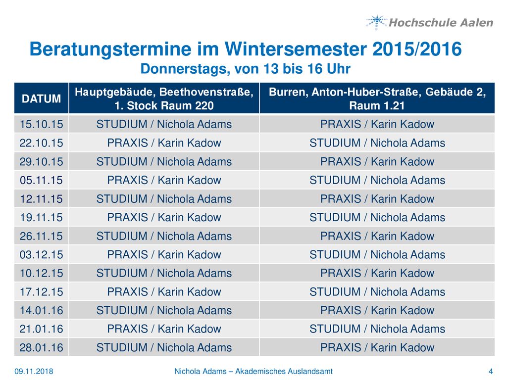 Beratungstermine im Wintersemester 2015/2016 Donnerstags, von 13 bis 16 Uhr
