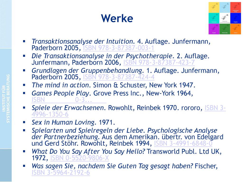 Werke Transaktionsanalyse der Intuition. 4. Auflage. Junfermann, Paderborn 2005, ISBN