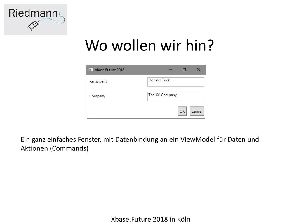 Wo wollen wir hin Ein ganz einfaches Fenster, mit Datenbindung an ein ViewModel für Daten und Aktionen (Commands)