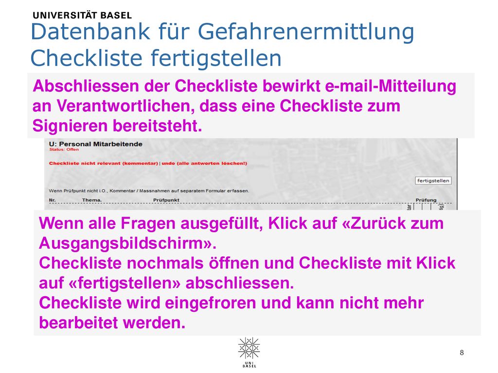 Datenbank für Gefahrenermittlung Checkliste fertigstellen